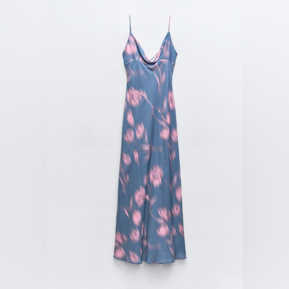 ZARA FLOWY NECKLINE PRINTED DRESS - BLUISH XS